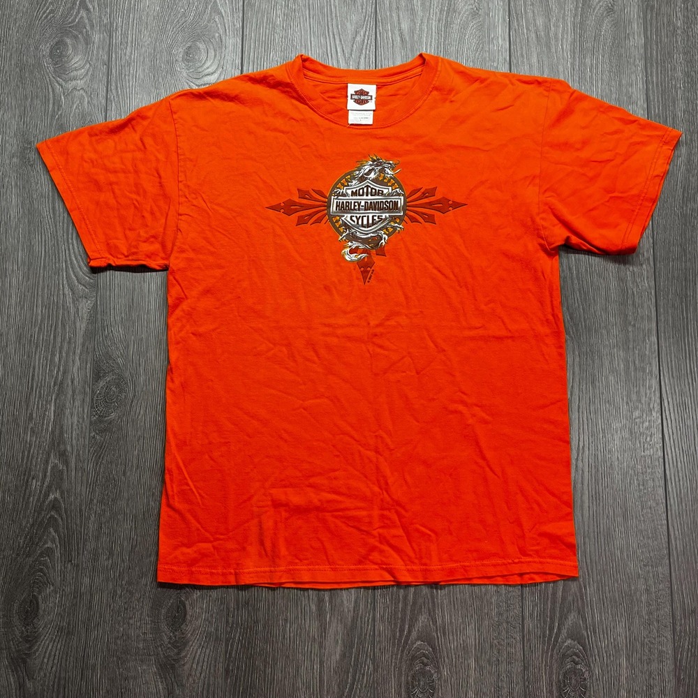 Vintage Harley Davidson Shirt Large Orange Ontario Streetwear Chrome Dragon